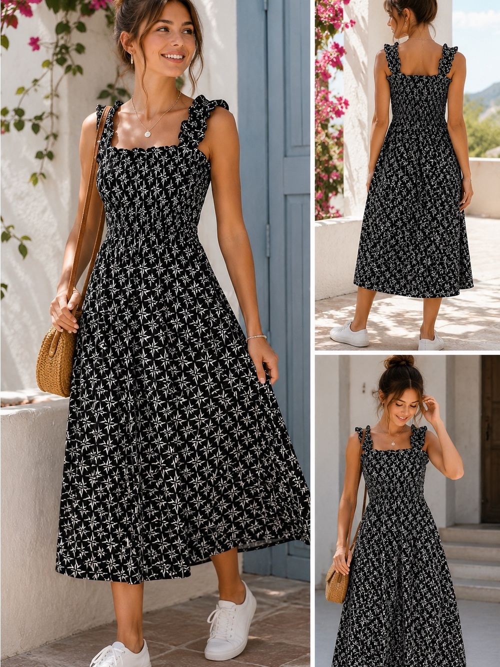 Celestial Star‎ Print Smocked Ruffle Strap Midi Sundress M-L Black & White